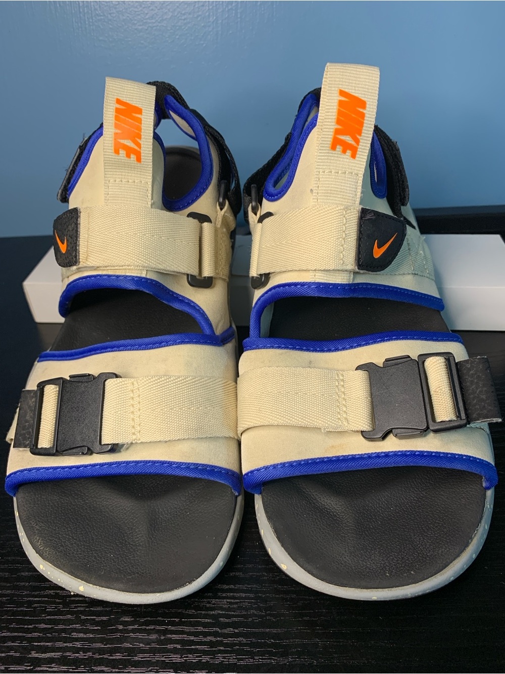 Nike Men’s Canyon Fossil Cream and Blue Sandals with Orange Logo
